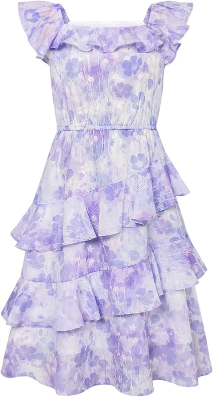 Girls Summer Dress A-line Square Neck Floral Ruffle Dress for Girls Size 5-14 Years