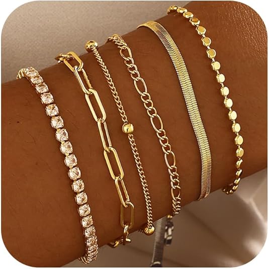 Waterproof Gold Bracelets Set for Women Trendy, Dainty 14K Real Gold Plated Jewelry