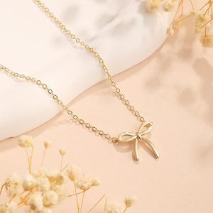 Gold Necklace for Women - Bow Necklace 14K Dainty Gold Necklace Cute Small Tiny Bow Pendant Choker Chain Necklace Trendy Necklaces